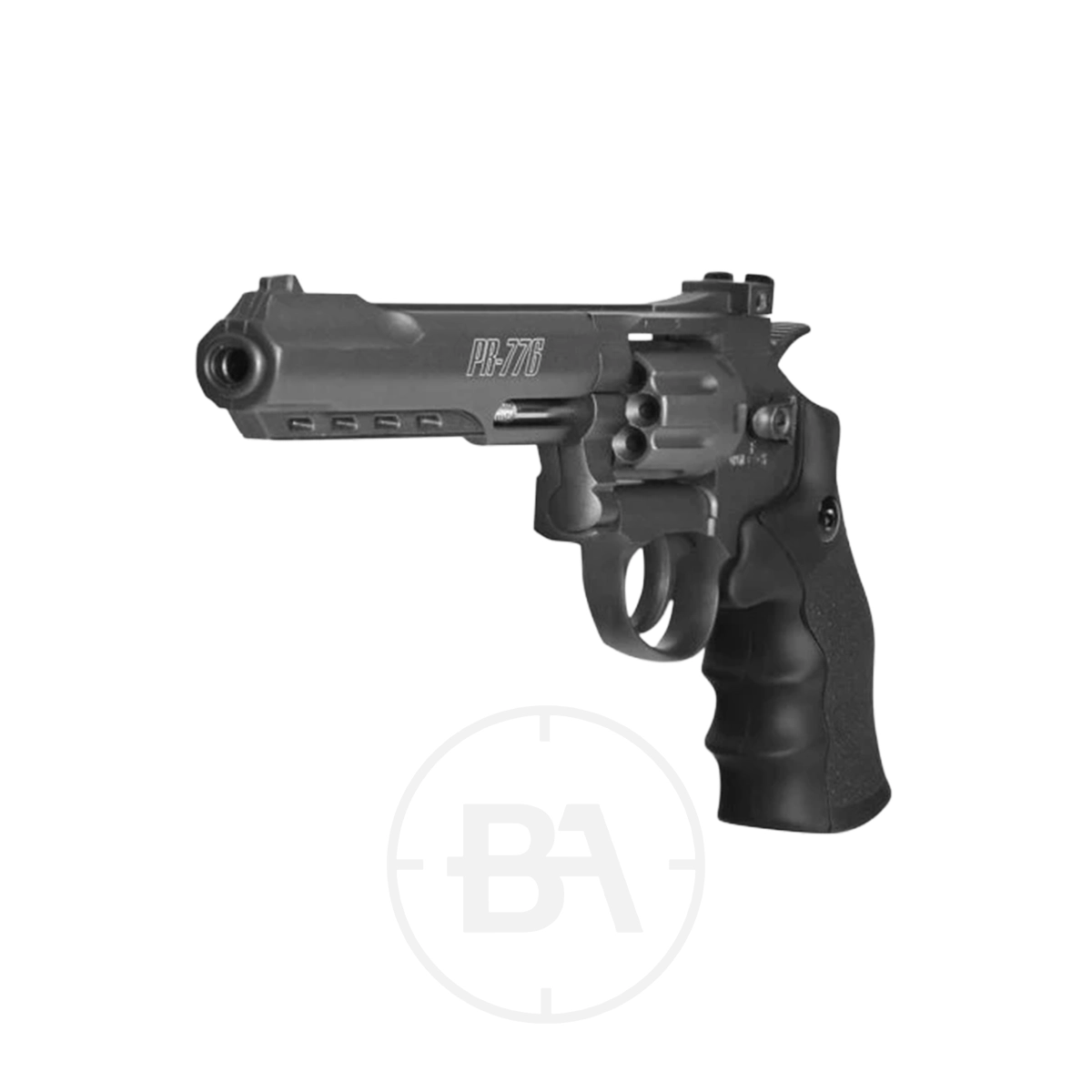 Gamo PR-776 CO2 Revolver 2 A black Gamo PR-776 CO2 Revolver with a textured grip and tactical rail is shown against a plain white background.
