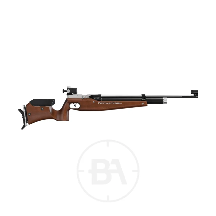 Side view of the Feinwerkbau 800 Basic Field Target Competition Air Rifle, featuring a wooden stock, metal barrel, and adjustable sights for precision shooting. Displayed on a plain white background.