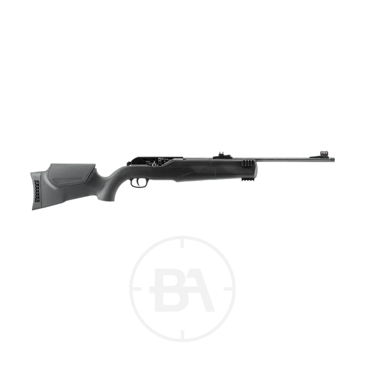 Umarex 850 M2 CO2 Air Rifle 1 The Umarex 850 M2 CO2 Air Rifle features a black synthetic stock, raised cheek rest, and long barrel. It is displayed against a plain white background.