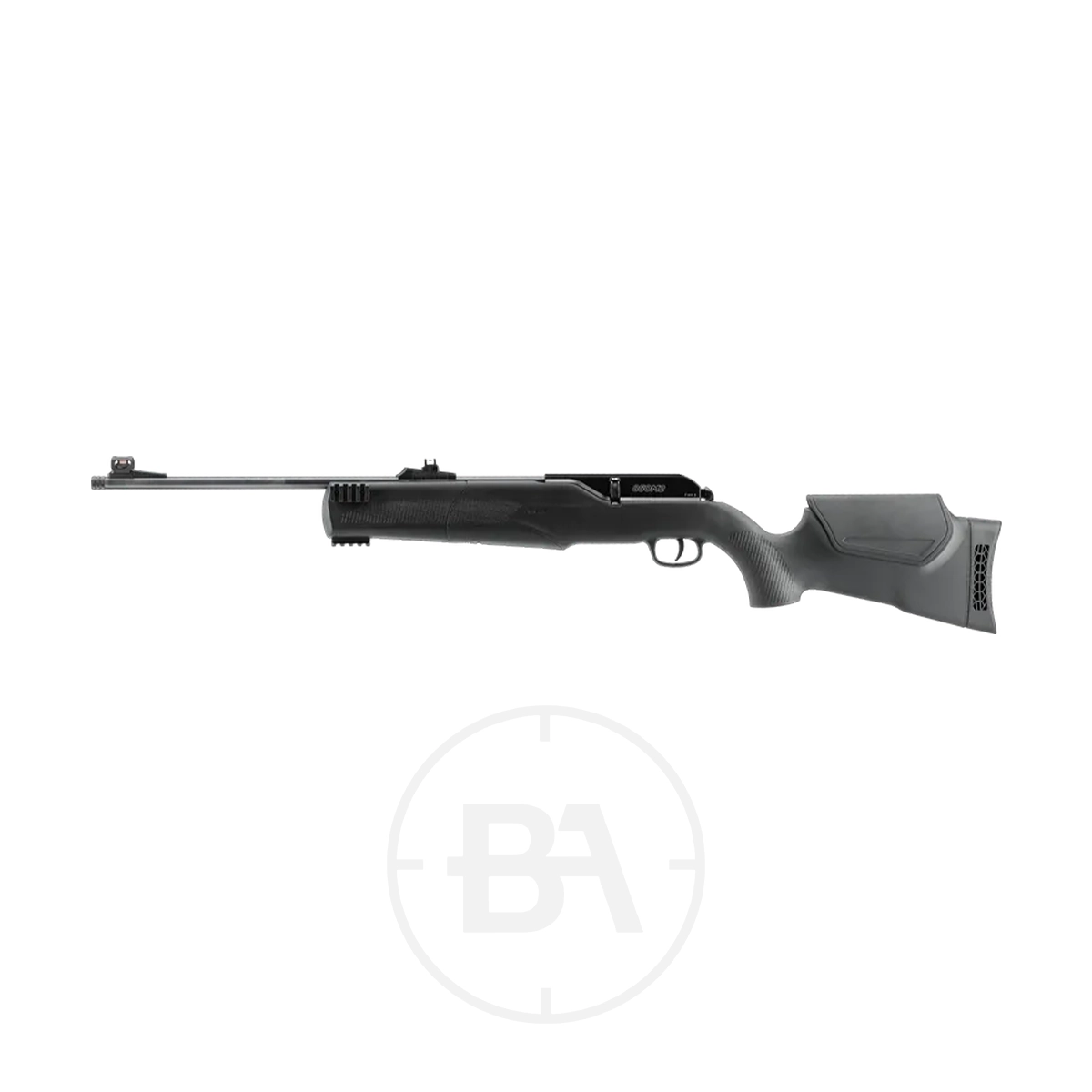 Umarex 850 M2 CO2 Air Rifle 3 The Umarex 850 M2 CO2 Air Rifle is shown in side profile against a white background, featuring a black and grey synthetic stock, raised cheek rest, and fibre optic front sight.