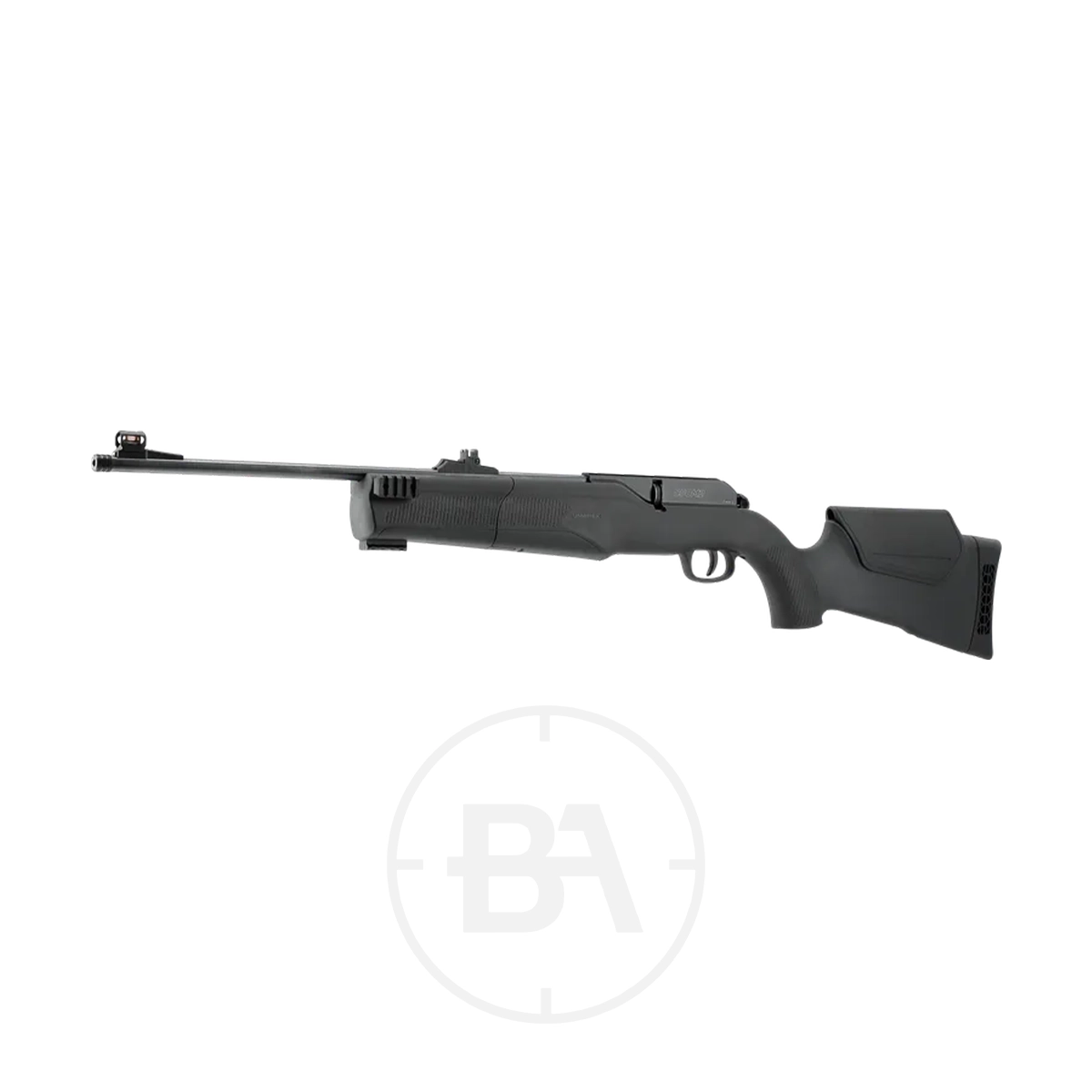 Umarex 850 M2 CO2 Air Rifle 5 The Umarex 850 M2 CO2 Air Rifle is shown against a white background, featuring a black synthetic stock and an adjustable cheek rest.