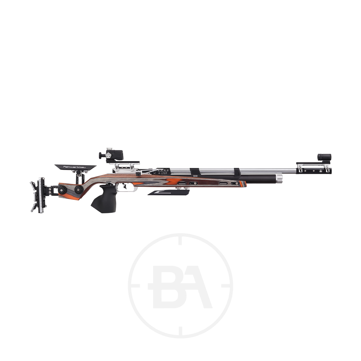 Feinwerkbau 900 W Match Target Rifle 1 The Feinwerkbau 900 W Match Target Rifle boasts a precision air rifle design with an elegant wooden stock, orange laminate finish, adjustable sights, and a black grip, all set against a plain white background.