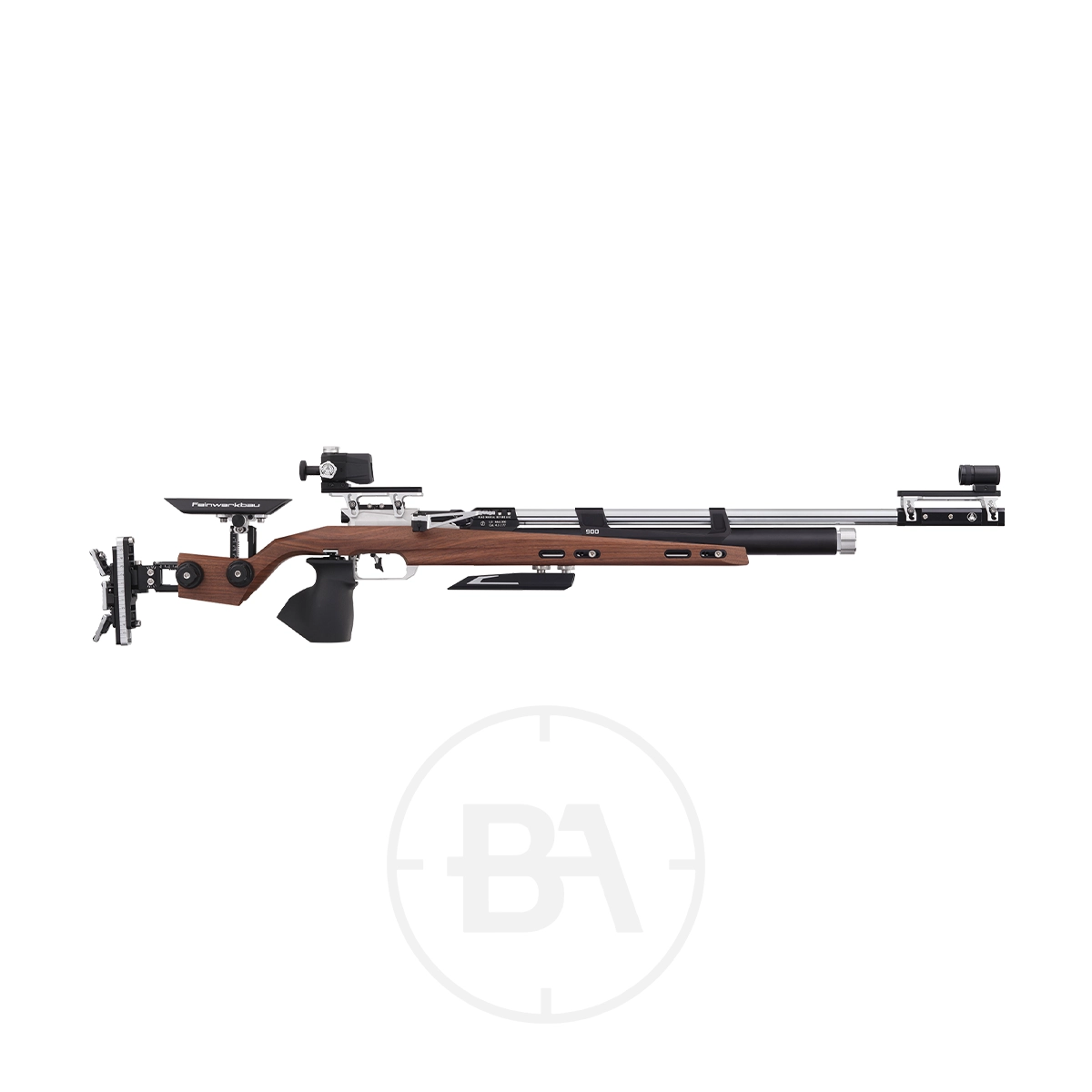 Feinwerkbau 900 W Match Target Rifle 3 Side view of a modern Match Target Rifle with a walnut stock and black components, featuring adjustable sights and a precision grip.