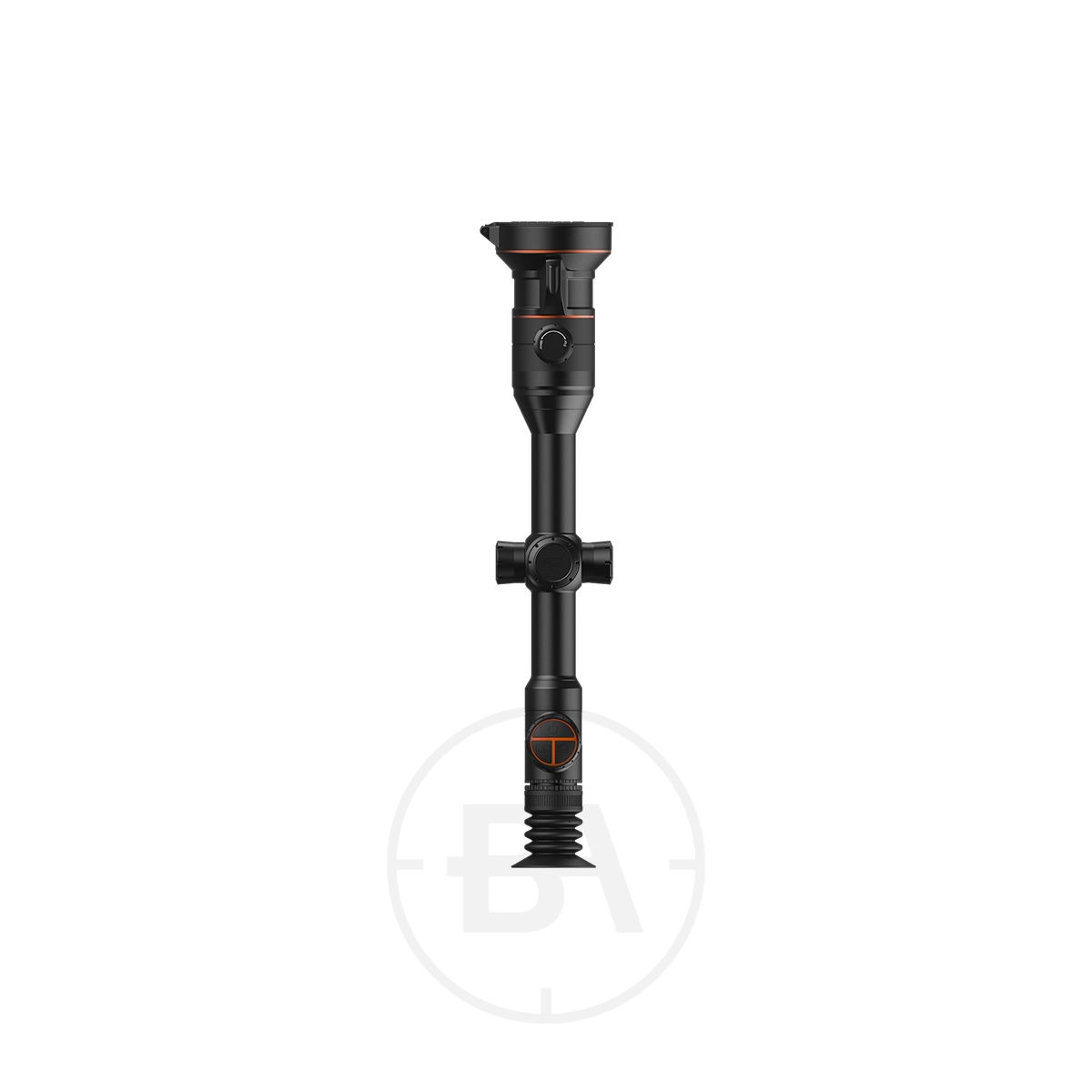 ThermTec Ares 360 2.0 Thermal lmaging Rifle Scope 9 A ThermTec Ares 360 2.0 Thermal Imaging Rifle Scope in black, featuring adjustment knobs and lens covers, is displayed vertically against a plain white background.