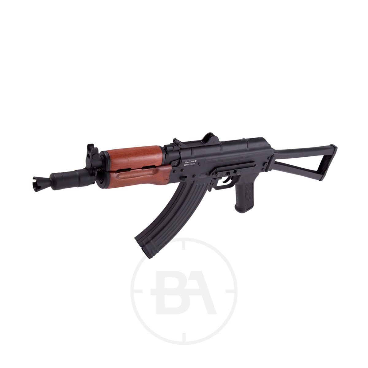 Kalashnikov AKS-74U CO2 BB Air Rifle 2 The Kalashnikov AKS-74U CO2 BB Air Rifle (Needs Pricing), featuring a black finish, wooden handguard, folding metal stock, and curved magazine, is displayed against a white background.