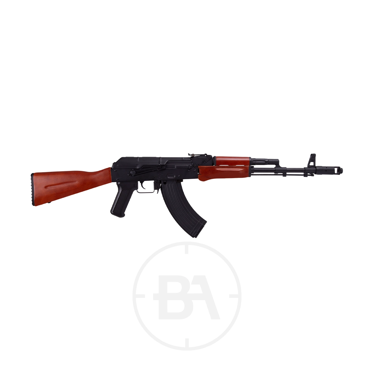 Kalashnikov AK74 C02 Air Rifle 1 A Cybergun Kalashnikov AK74 CO2 Air Rifle with a black and brown finish, curved magazine, wooden stock, and handguard is shown on a white background.