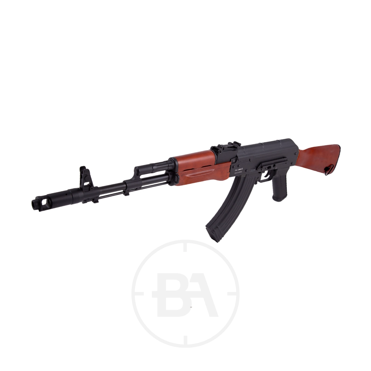 Kalashnikov AK74 C02 Air Rifle 3 The Cybergun Kalashnikov AK74 CO2 Air Rifle features a wooden stock and foregrip, black metal barrel, and curved magazine, resembling the classic AK-47 style, shown isolated on a white background.
