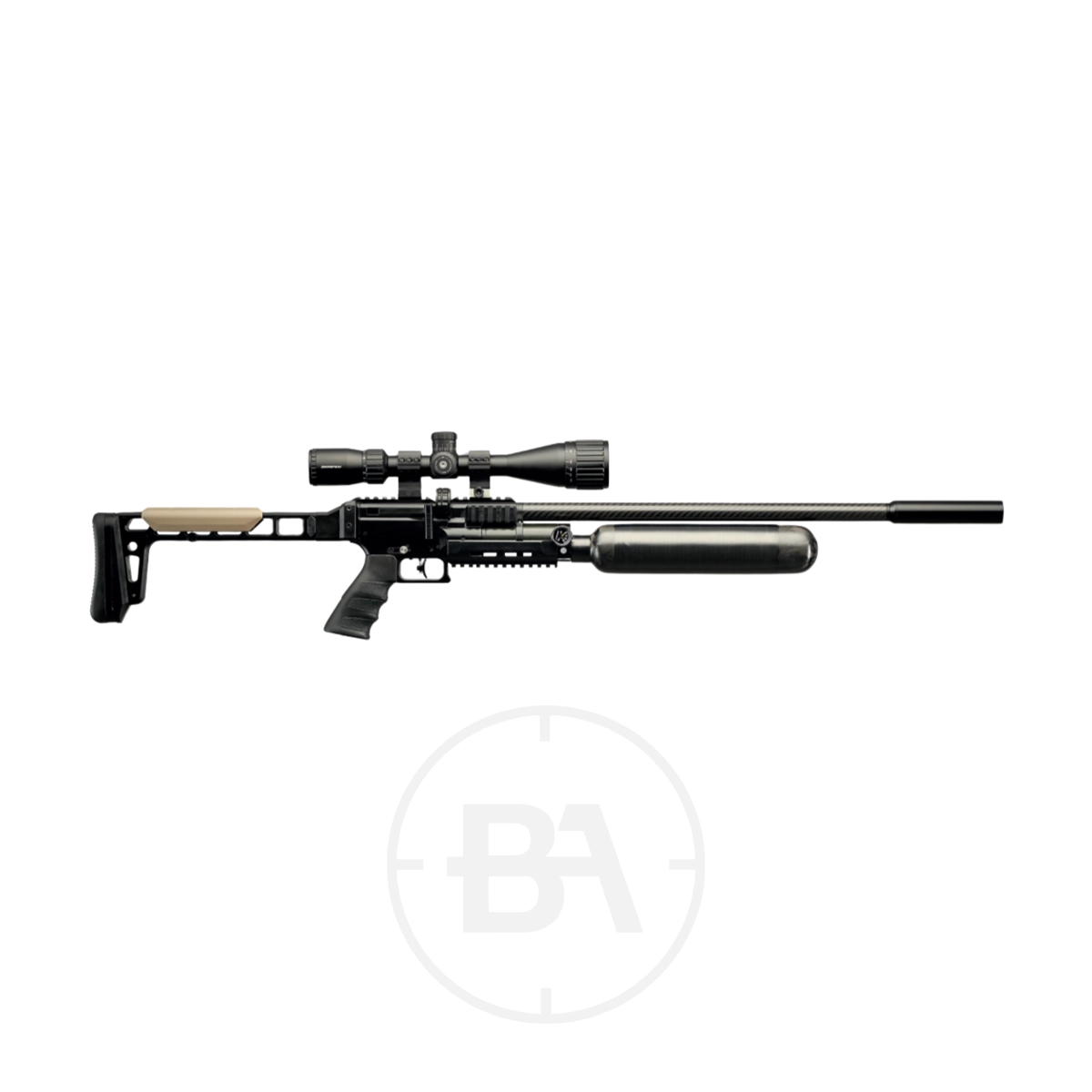 Snowpeak AP1000 Regulated PCP Air Rifle 2 The Snowpeak AP1000 PCP Air Rifle features a modern design with a scope, adjustable stock, and a large cylindrical air tank under the barrel, shown against a white background.