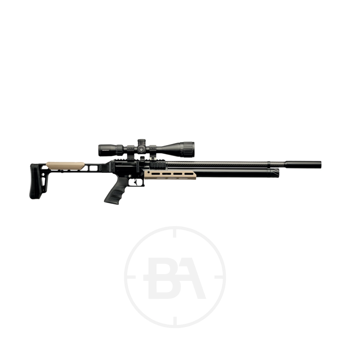 Snowpeak AP1000 Regulated PCP Air Rifle 1 A Snowpeak AP1000 PCP Air Rifle with a black and tan tactical stock and scope, shown in side profile on a white background with a faint circular BA logo beneath.