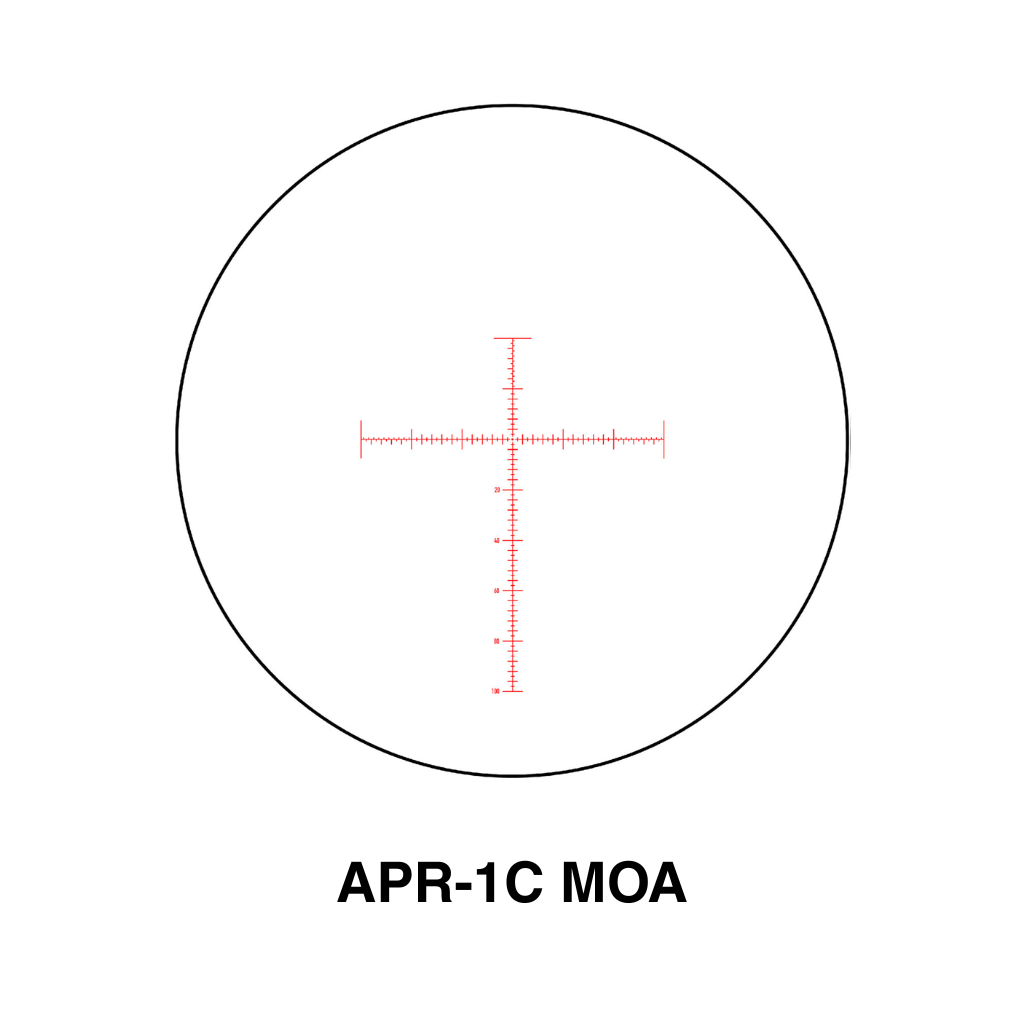 Element Optics Immersive Series 14x50 Rifle Scope 13 Red APR-1C MOA reticle with crosshairs, hash marks, and measurement indicators, centered inside a round Element Optics Rifle Scope 14x50 view.