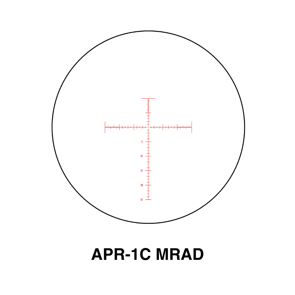 Element Optics Immersive Series 14x50 Rifle Scope 11 A circular rifle scope view shows the APR-1C MRAD reticle with red crosshairs and markings; “APR-1C MRAD” sits below—part of the Element Optics Immersive Series 14x50 Rifle Scope With Mounts.