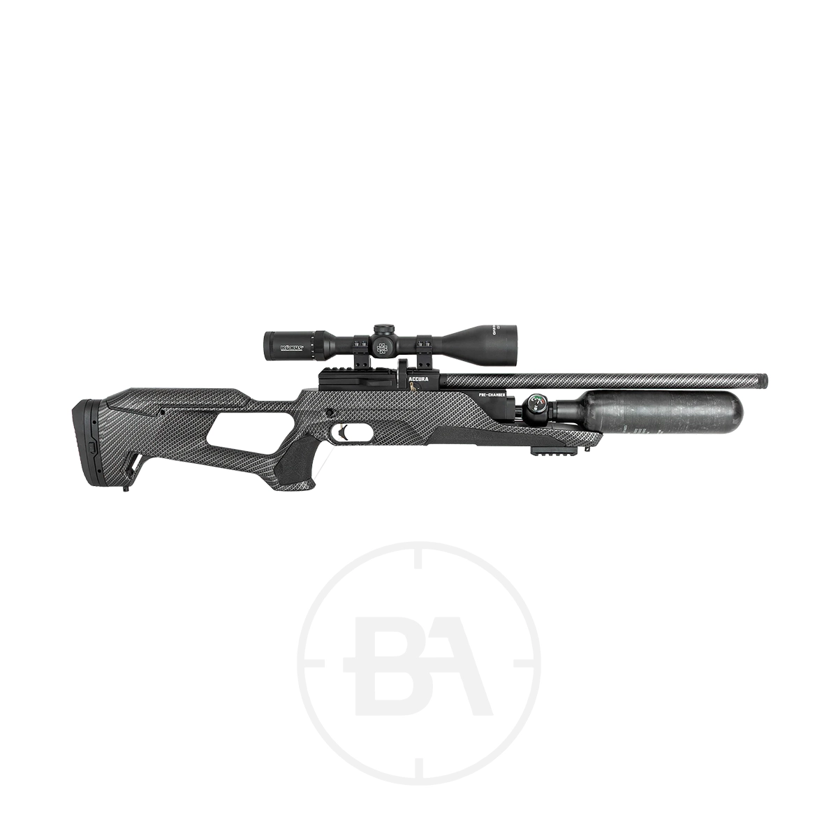 Reximex Accura PCP Air Rifle 5 A modern PCP air rifle with a carbon fibre finish, featuring a scope, adjustable stock, and a large air cylinder beneath the barrel, displayed on a white background with a faint circular BA logo.