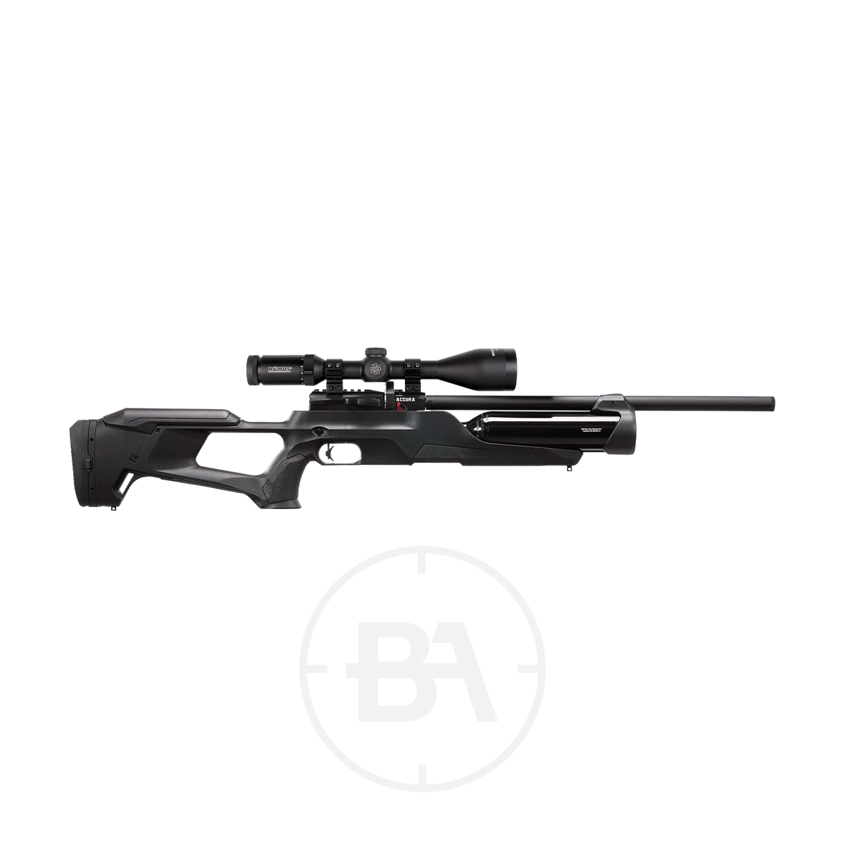 Reximex Accura PCP Air Rifle 1 A black Reximex Accura .177 PCP Air Rifle with a telescopic sight is displayed in a side view against a white background. The rifle features a modern, tactical design with a synthetic stock.