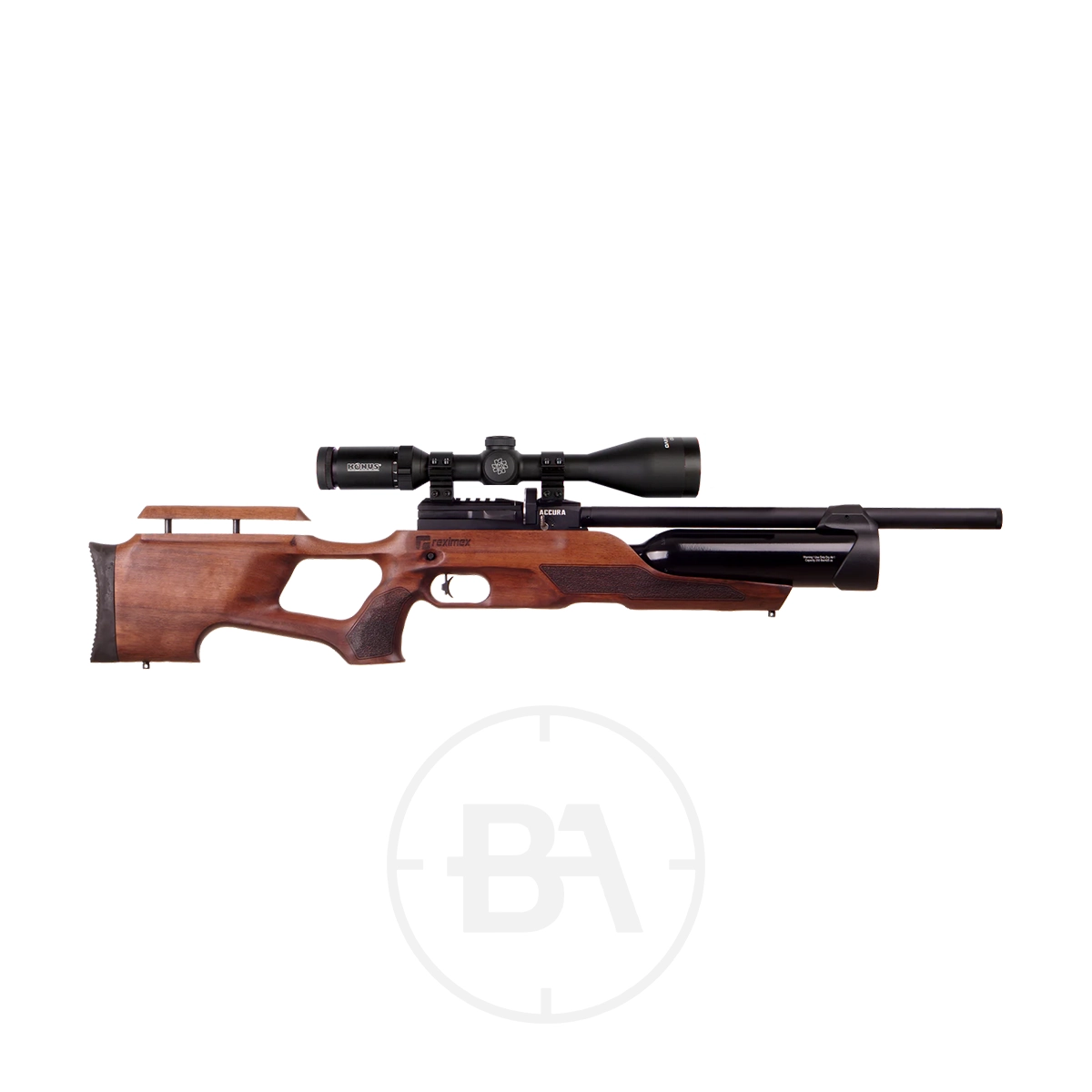 Reximex Accura PCP Air Rifle 3 A Reximex Accura PCP Air Rifle with a Turkish Walnut thumbhole stock and mounted scope, displayed on a white background with a faint circular logo beneath it.