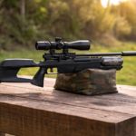 A modern BSA Airsport-SL tactical rifle with a scope rests on a camouflage sandbag atop a wooden table outdoors, with green grass and trees in the background in soft sunlight.