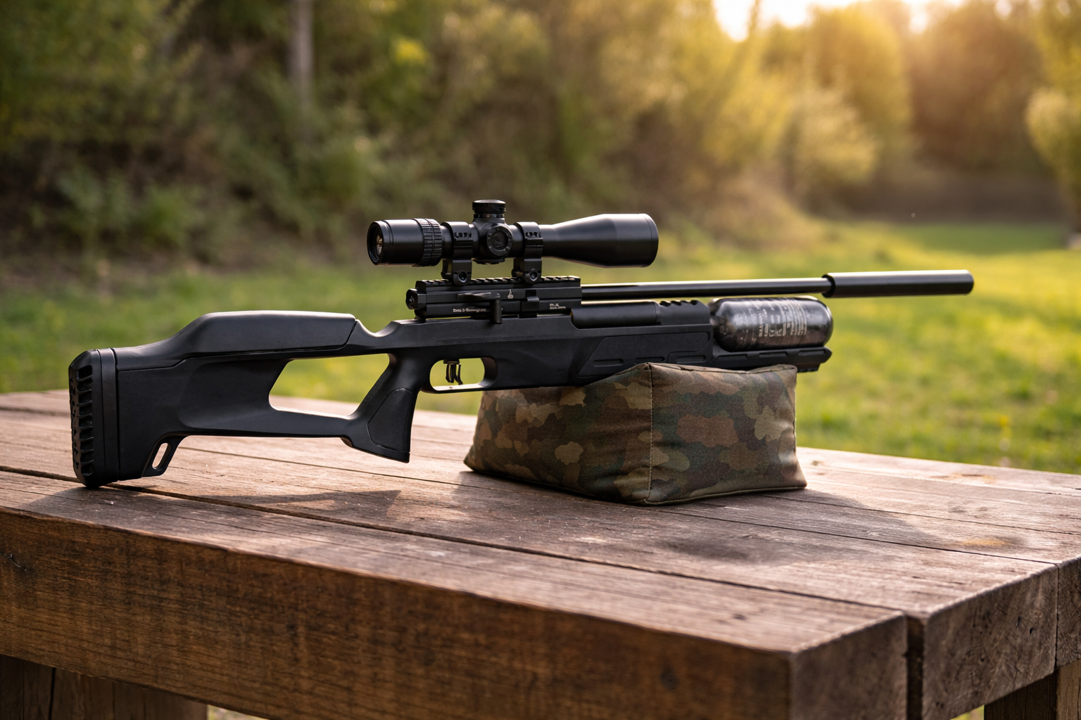 A modern BSA Airsport-SL tactical rifle with a scope rests on a camouflage sandbag atop a wooden table outdoors, with green grass and trees in the background in soft sunlight.