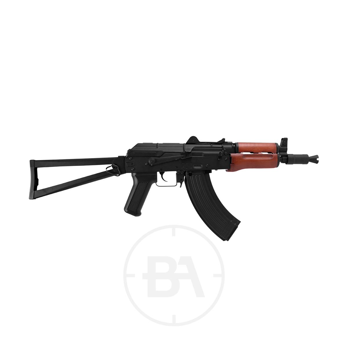 Kalashnikov AKS-74U CO2 BB Air Rifle 1 The Kalashnikov AkS-74U CO2 BB Air Rifle features a compact black design with a wooden foregrip, folding metal stock, and curved magazine, shown on a white background.