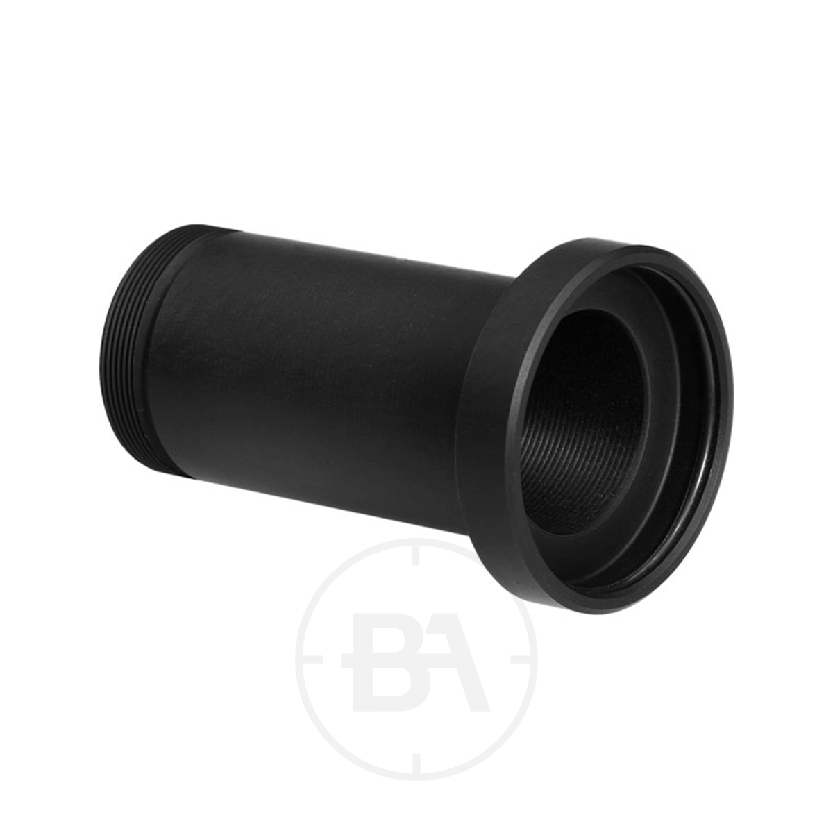 Gehmann 558 Foresight Anti-Glare Tube 1 Black cylindrical metal adapter with threaded ends, shown angled on a white background; the Gehmann 558 Foresight Anti-Glare Tube enhances shooting precision.
