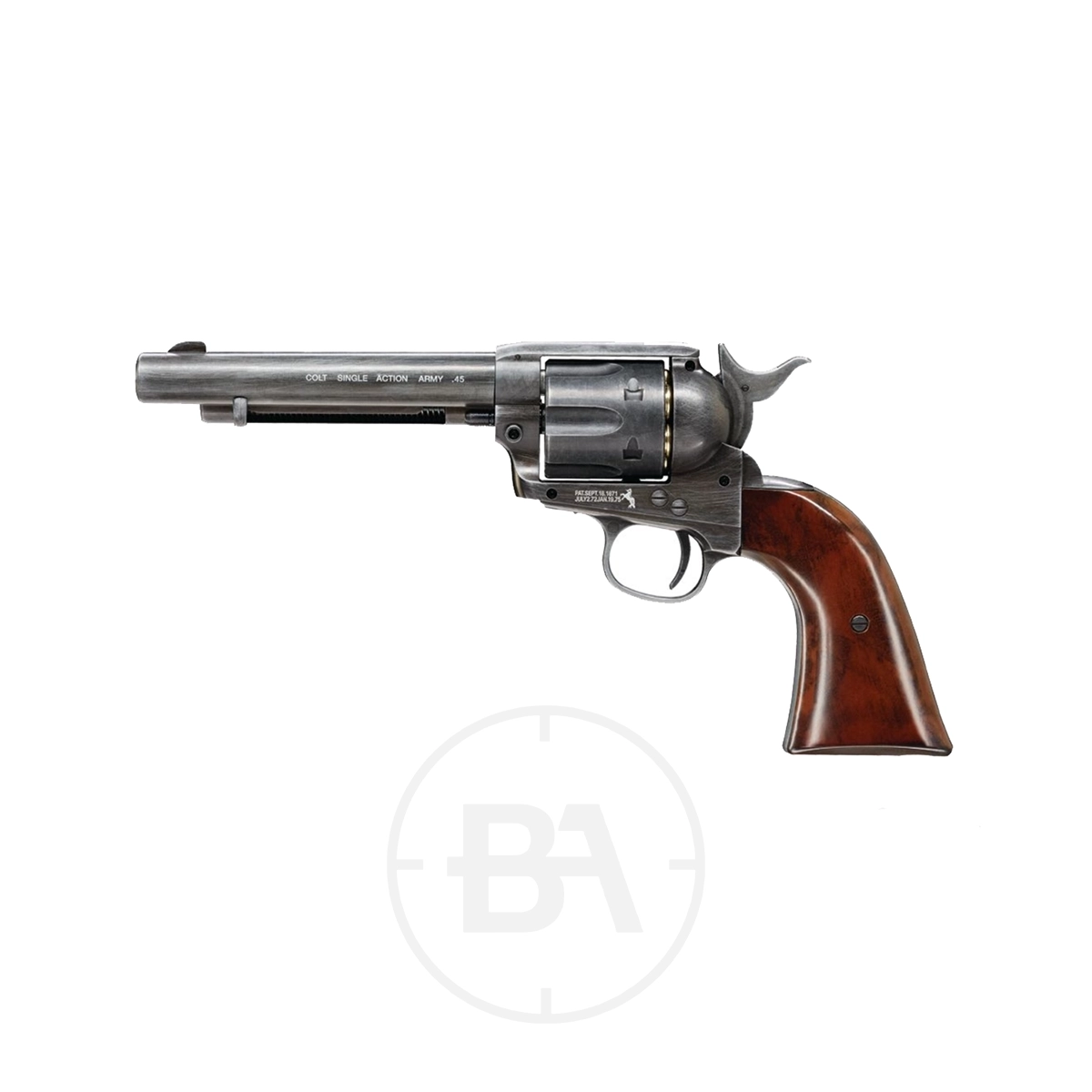 Colt SAA 5.5" CO2 BB Pistol 13 A Colt SAA single-action revolver CO2 pistol with a long barrel and a wooden grip, displayed on a white background.