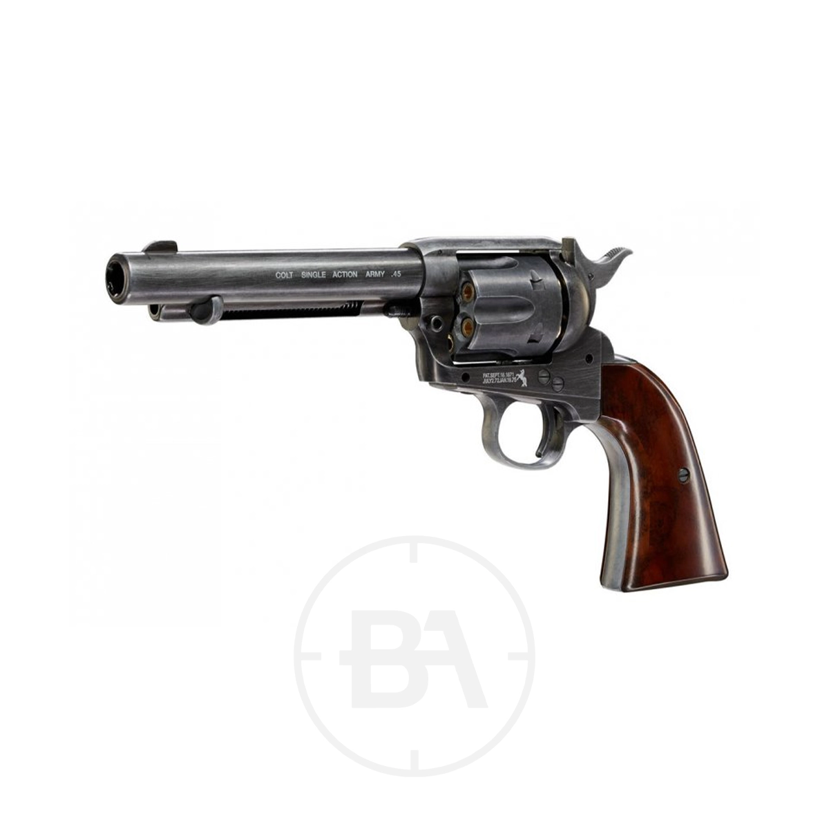 Colt SAA 5.5" CO2 BB Pistol 11 The Colt SAA CO2 Pistol .177 Pellet is a black revolver with a long barrel and brown wooden grip, designed for .177 pellet shooting, displayed against a plain white background.