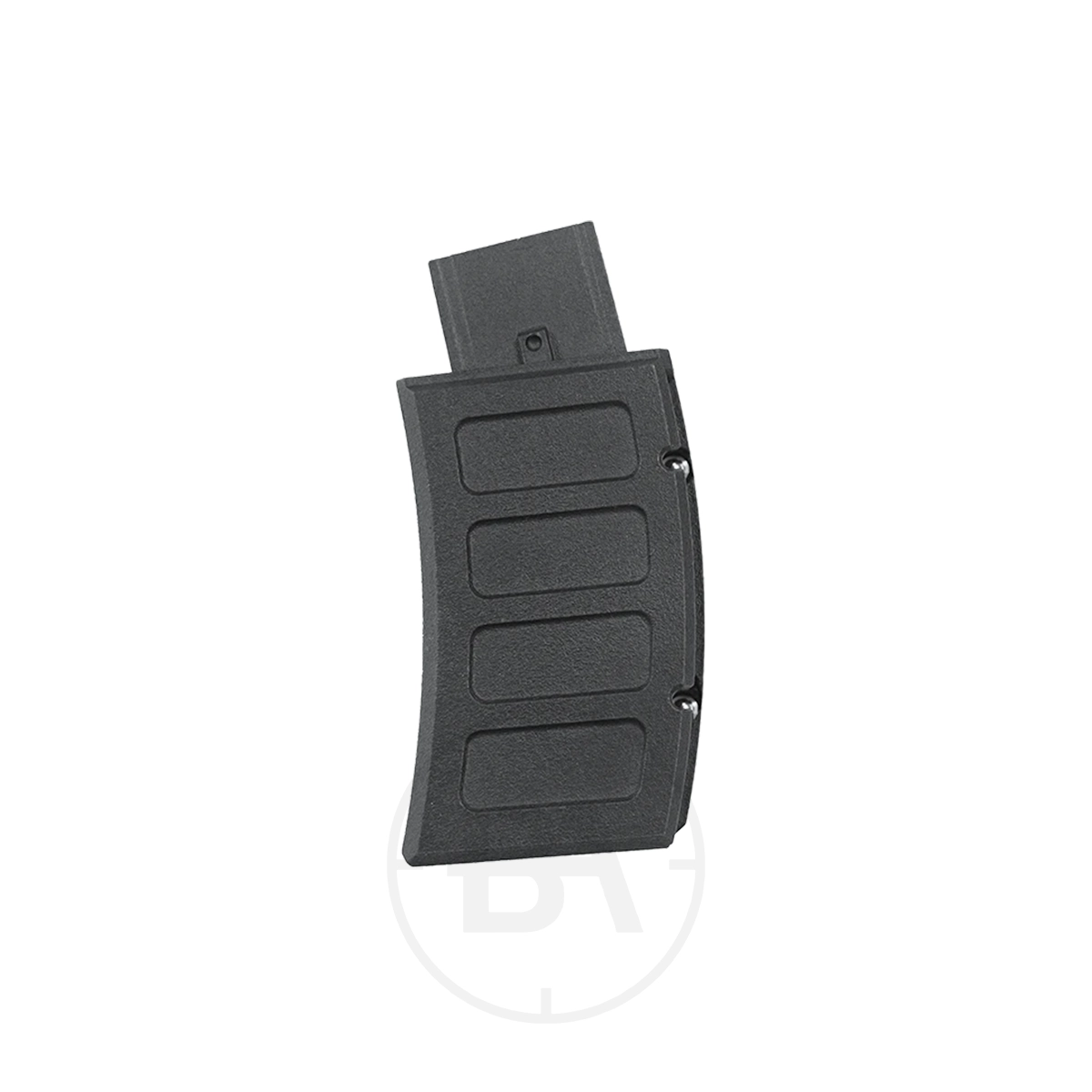 BSA XT-SL Magazine Clip & Storage 1 The BSA XT-SL Magazine Clip & Storage is displayed against a plain white background. This black, rectangular magazine clip has a curved design and features a textured surface with horizontal ridges, along with a visible locking mechanism at the top for compatibility with BSA XT-SL models and secure magazine storage.