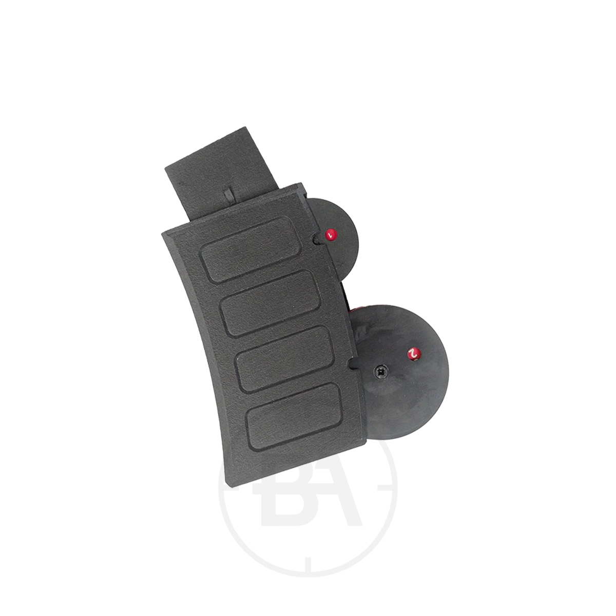 BSA XT-SL Magazine Clip & Storage 2 The BSA XT-SL Magazine Clip & Storage is a black, curved plastic magazine holder designed for efficient storage. It features two round attachment plates with striking red accents and is compatible with the BSA XT-SL Magazine Clip, shown on a white background.