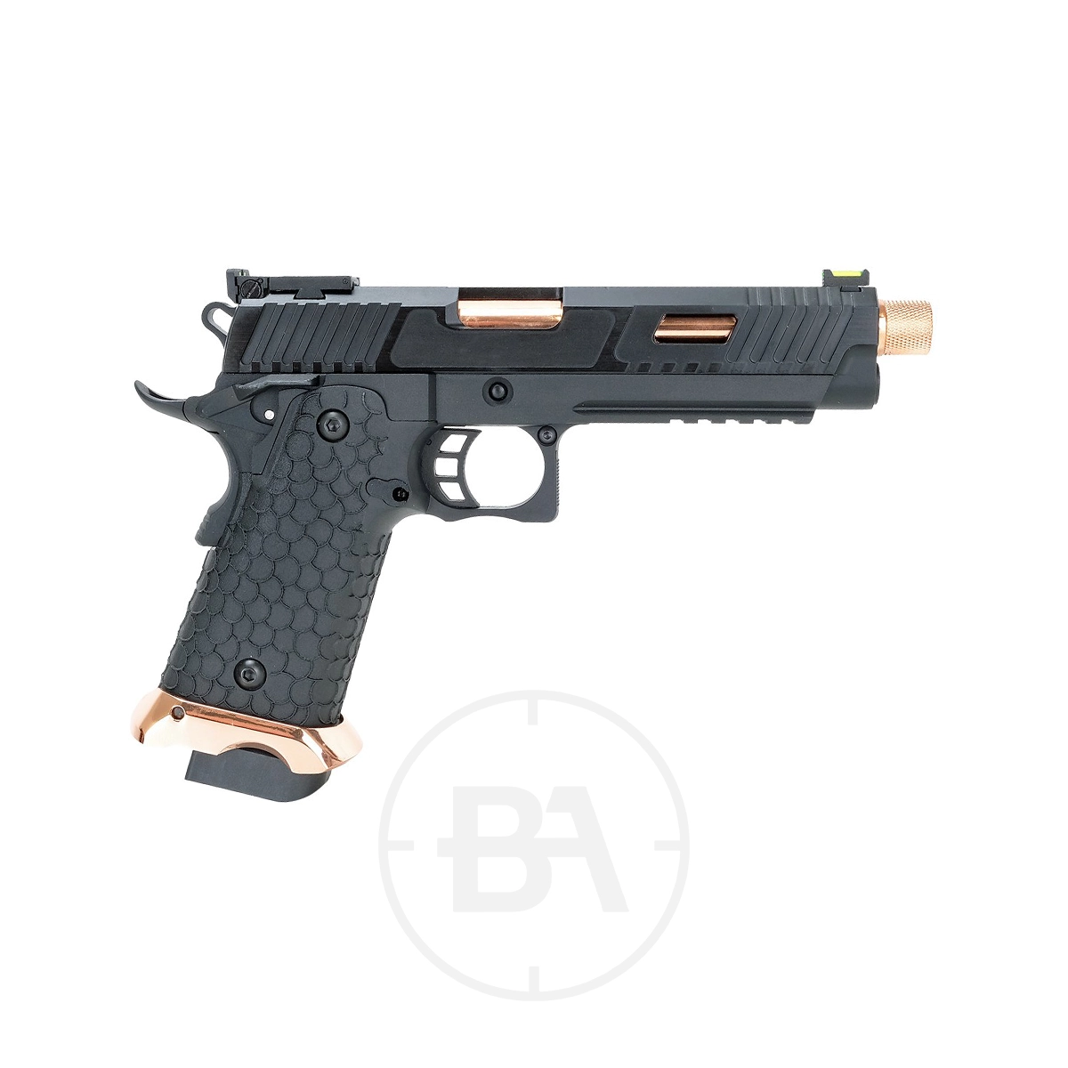 Krown Land Baba Yaga Hi-Capa CO2 BB Pistol With Hard Case 3 A black and copper Krown Land Hi Capa 5.1 Baba Yaga CO2 BB pistol with a textured grip, exposed barrel, and slide cuts is shown on a white background with a faint circular watermark beneath it, accompanied by a hard case.