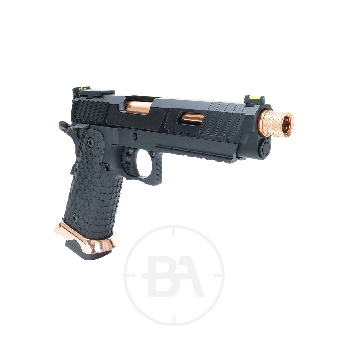 Krown Land Baba Yaga Hi-Capa CO2 BB Pistol With Hard Case 5 The Krown Land Hi Capa 5.1 Baba Yaga CO2 BB Pistol, in black and bronze with textured grip, exposed barrel, and fibre optic front sight, is shown angled to the right on a white background. Includes hard case.