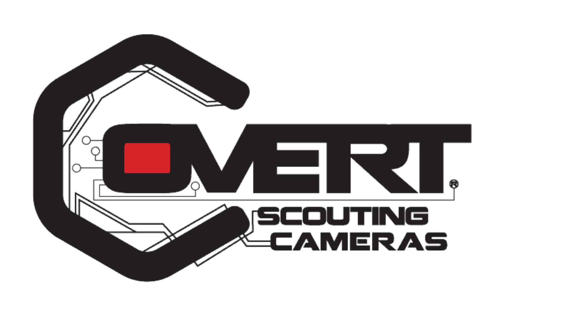 Logo for "Overt Scouting Cameras" featuring a large stylized "C" and a red square inside the letter "O." Circuit-like lines fill the background, inspired by the technology behind Covert Scouting Cameras.