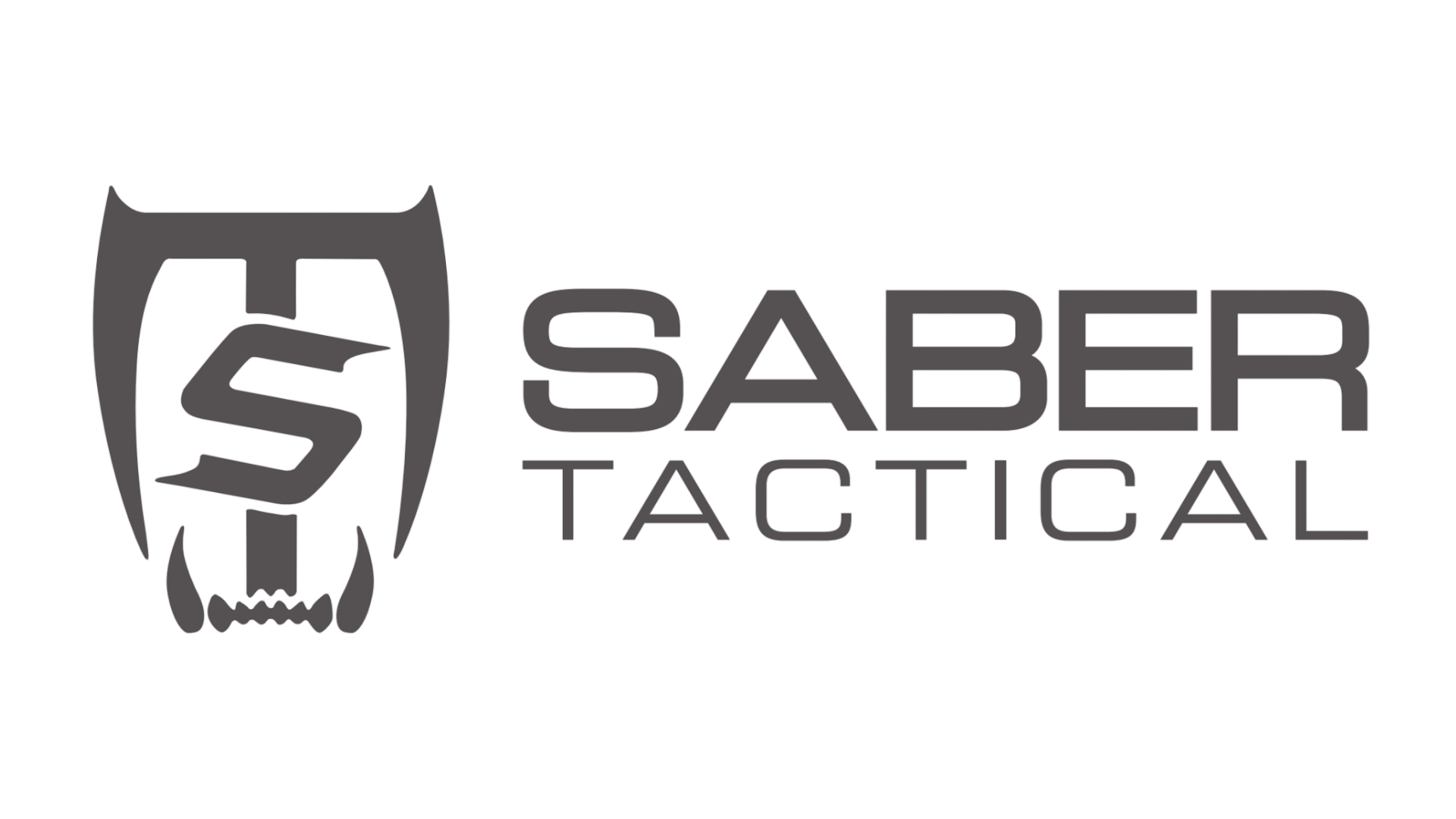 The image displays the Saber Tactical logo, featuring a stylised "S" within a sabre tooth design to the left, and "Saber Tactical" in bold, modern font to the right. The sleek greyscale design reflects Saber Tactical’s innovative edge.