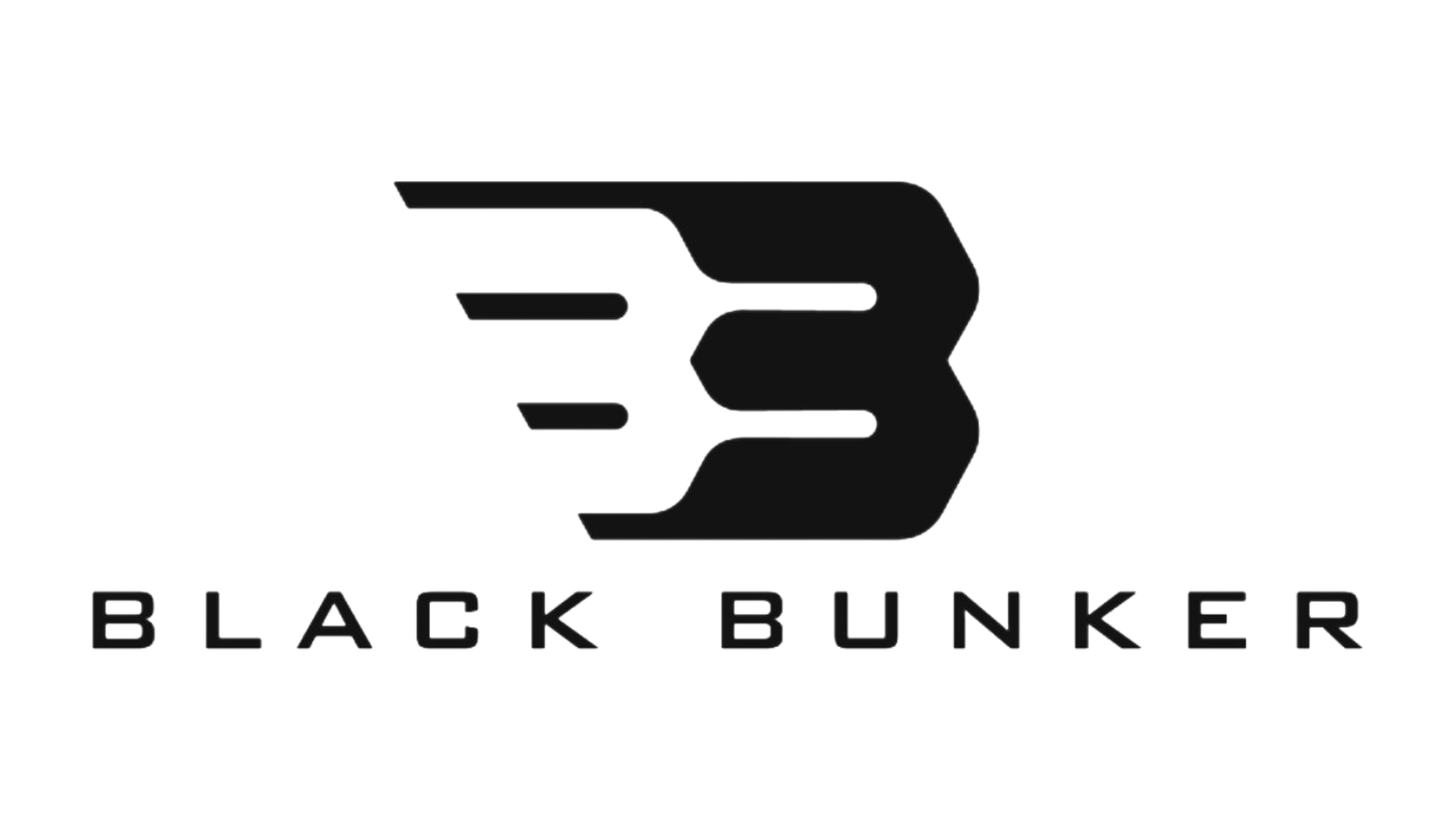 Black Bunker logo featuring a stylized letter "B" with motion lines, symbolizing speed and strength, above the bold uppercase text "BLACK BUNKER.