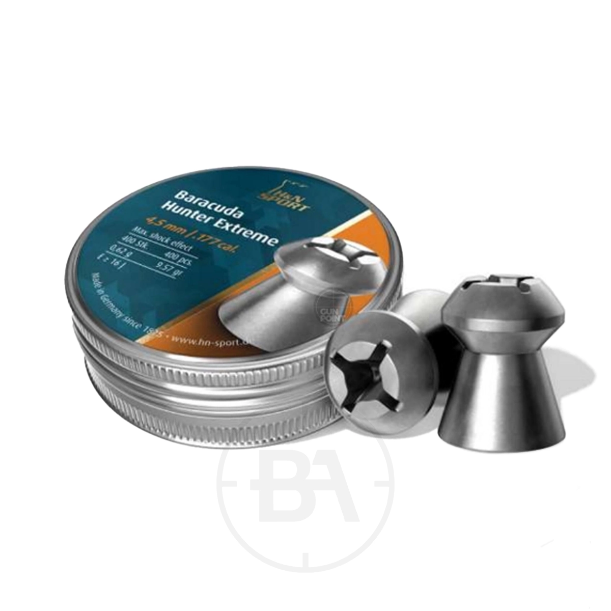 H&N Baracuda Hunter Extreme .177 9.57gr (x400) 1 A round metal tin labeled "Baracuda Hunter Extreme .177 (400)" contains 400 pointed air gun pellets, with three pellets displayed in front.