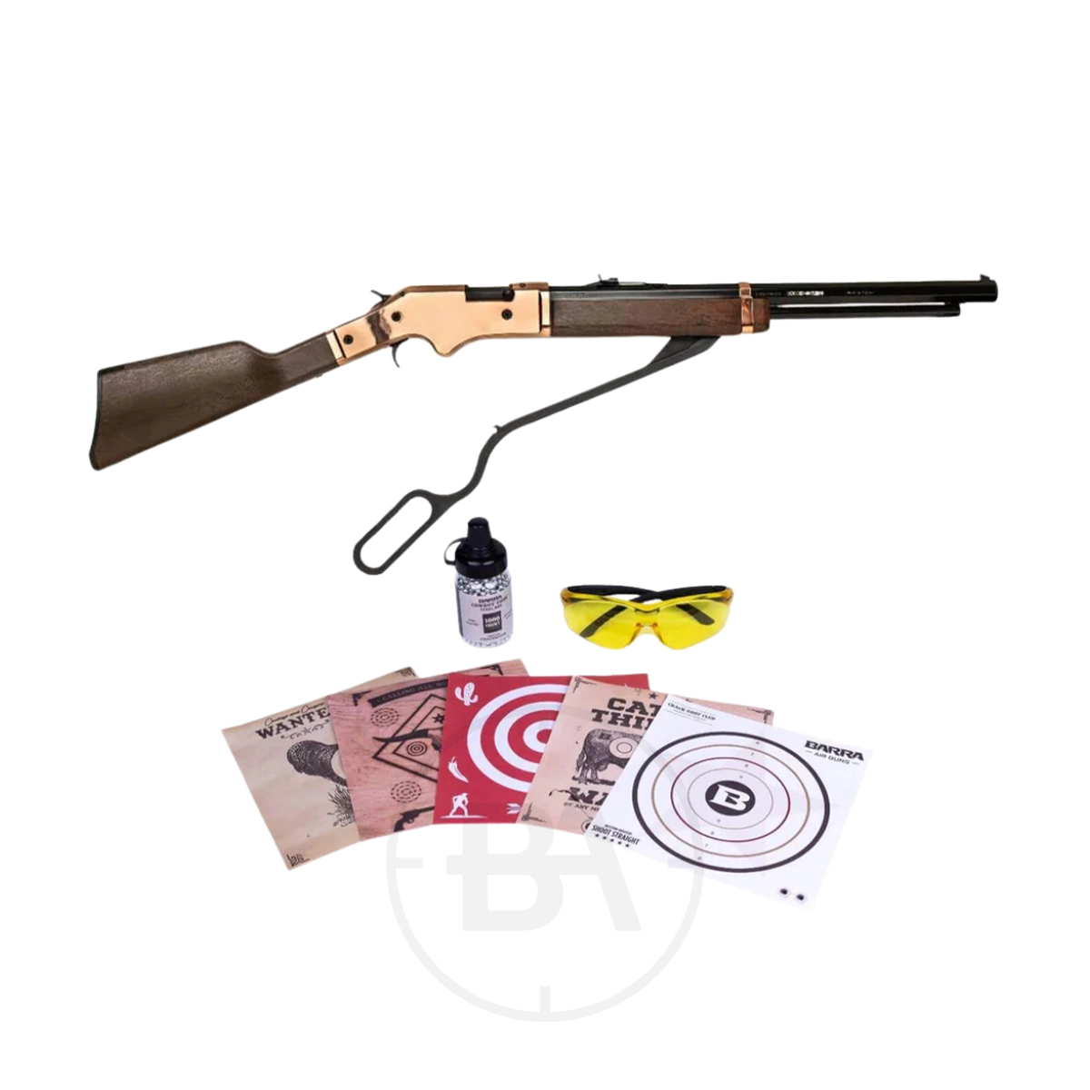 Barra 1866 Junior Lever Action Pneumatic Air Rifle Kit 1 The Barra Junior Air Rifle Kit includes a lever-action air rifle, safety glasses, BB pellets, paper targets, and instructional booklets, all neatly arranged on a white background.