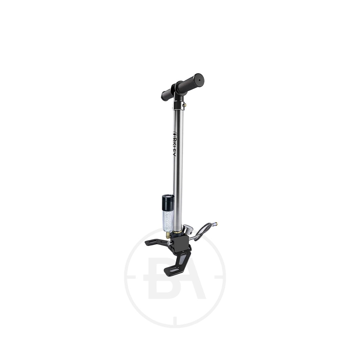 Bisley V6 High Pressure PCP Hand Pump 1 The Umarex UX PCP Hand Pump, featuring a gauge, black handle grips, metallic body, and sturdy base, stands upright against a white background—perfect for Umarex and UX enthusiasts.