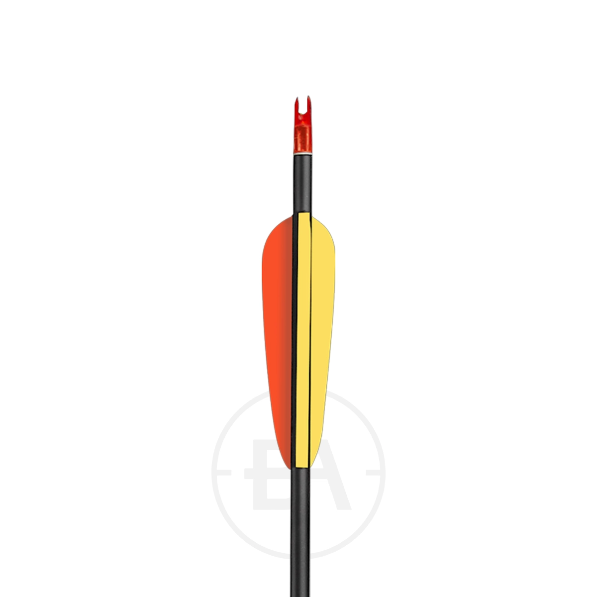 EK Archery Aluminium Target Arrows (x5) 3 EK Archery Aluminium Target Arrows Black and Rounded Point (x5) feature black shafts, rounded points, red nocks, and orange-yellow side-by-side fletchings—shown against a white background.