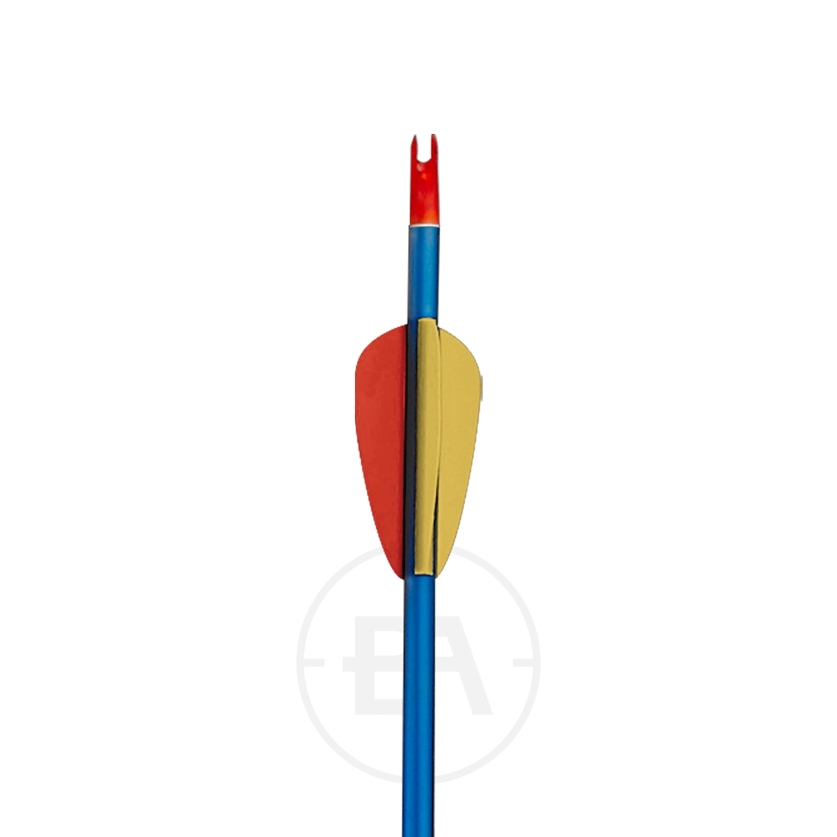 EK Archery Aluminium Target Arrows (x5) 4 A set of five EK Archery Aluminium Target Arrows in black with rounded points, featuring red nocks and red and yellow fletching, displayed vertically on a white background.