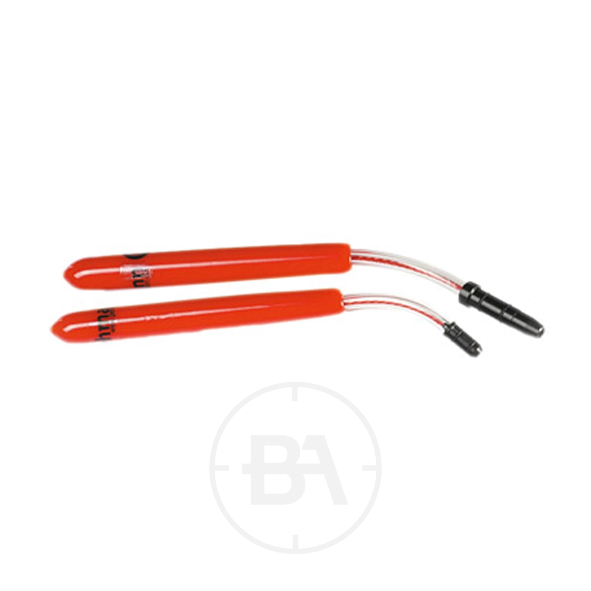 Gehmann Breech Plugs With Safety Flag 1 Two orange, elongated Gehmann Breech Plugs With Safety Flag, featuring attached cables and black connectors, are displayed side by side on a white background.