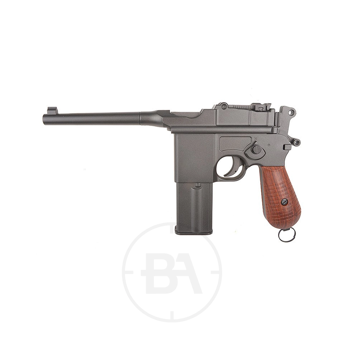 KWC M712 Broomhandle CO2 BB Pistol 1 A KWC M712 Broomhandle CO2 Pistol with a long barrel, wooden-style grip, and box magazine is displayed on a white background.