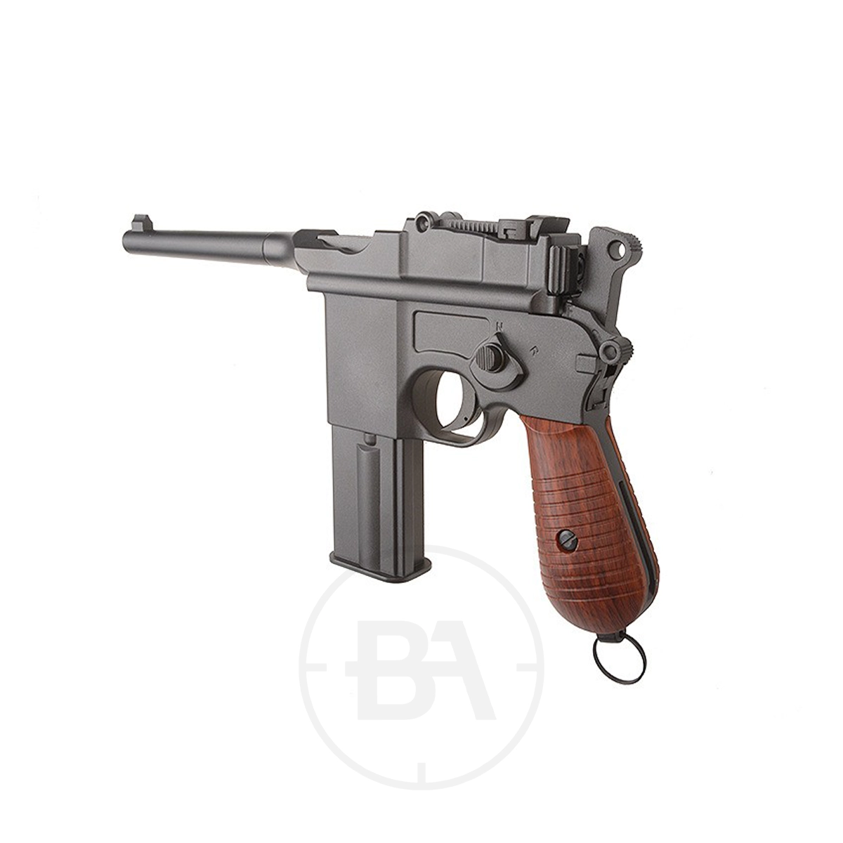 KWC M712 Broomhandle CO2 BB Pistol 4 A KWC M712 Broomhandle CO2 Pistol, featuring a long barrel, wooden-style grip, and box-shaped magazine, is displayed on a plain white background, evoking the iconic design of the classic Mauser C96.