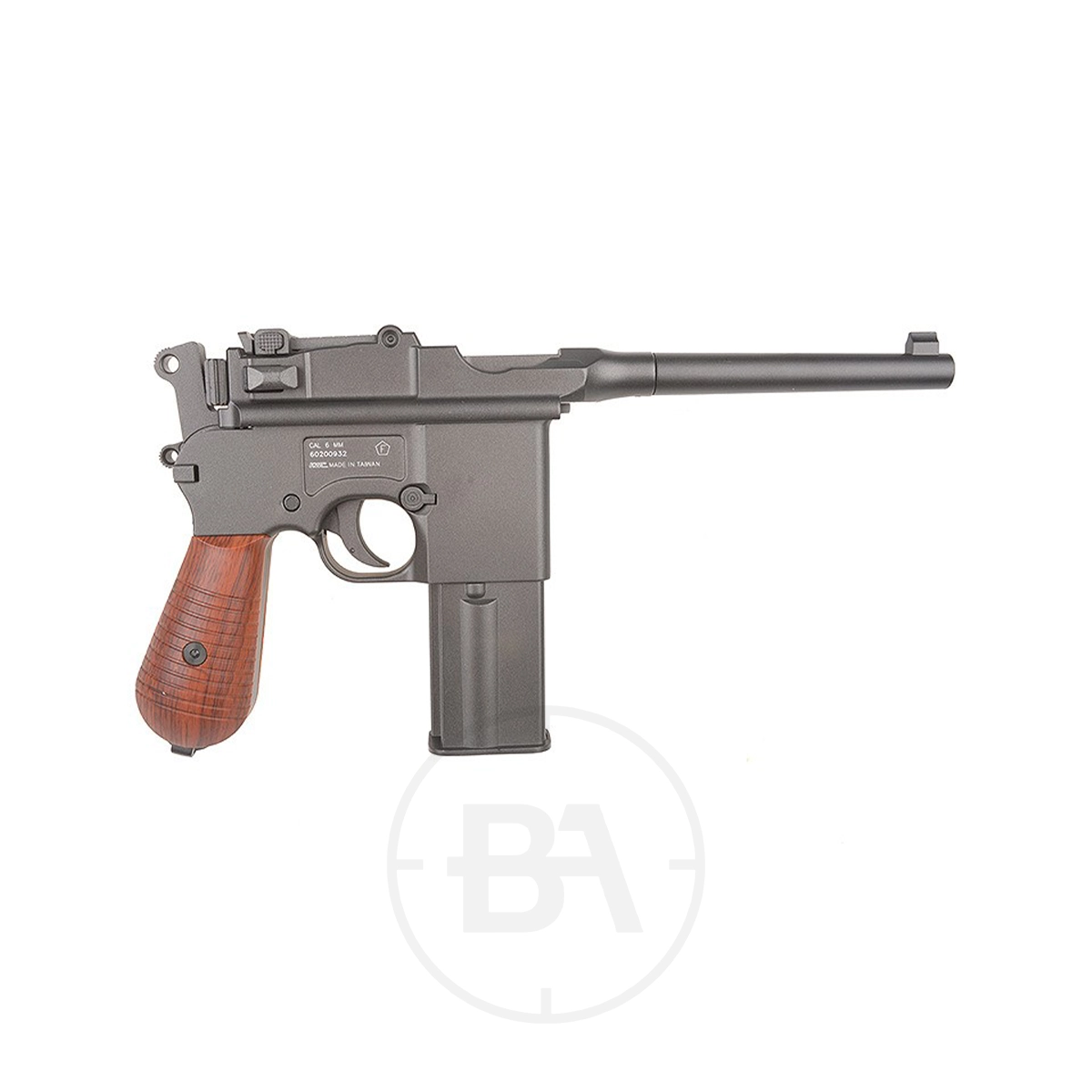 KWC M712 Broomhandle CO2 BB Pistol 5 Side view of the KWC M712 Broomhandle CO2 Pistol, showcasing its vintage-inspired long barrel, dark metal body, and wooden-textured grip, isolated on a white background.