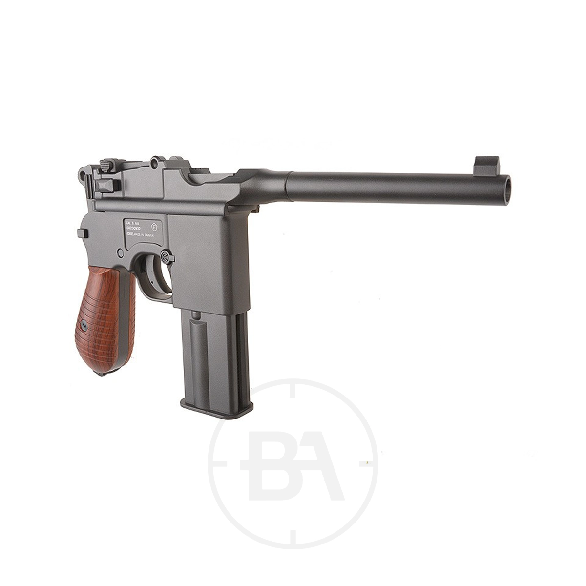 KWC M712 Broomhandle CO2 BB Pistol 2 The KWC M712 Broomhandle CO2 Pistol—a vintage-style semi-automatic with a long barrel, wooden grip, and large magazine reminiscent of the classic Broomhandle design—is displayed on a white background.
