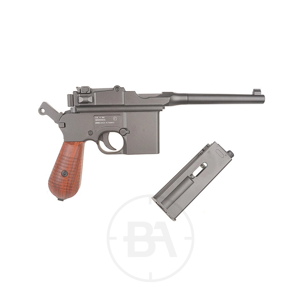 KWC M712 Broomhandle CO2 BB Pistol 3 Mauser C96 pistol with a wooden grip, displayed with its detachable magazine positioned below the barrel on a plain white background—a design famously emulated by the KWC M712 Broomhandle CO2 Pistol.