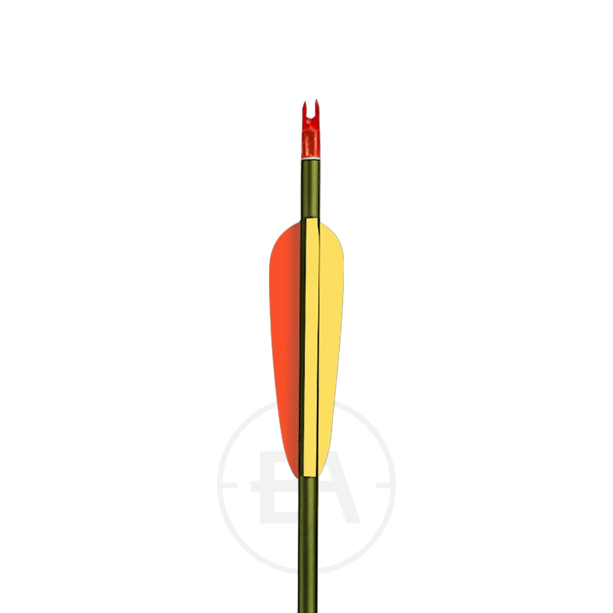 EK Archery Aluminium Target Arrows (x5) 5 An EK Archery Aluminium Target Arrow from the Black and Rounded Point set (x5), featuring a green shaft, red/yellow fletching, rounded point, and red nock, stands vertically against a white background.