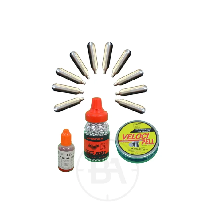 12g CO2 & Dual Ammo Starter Kit: 10x CO2 Cylinders / 4.5mm BBs / .177 Pellets / Seal Safe Lubricant