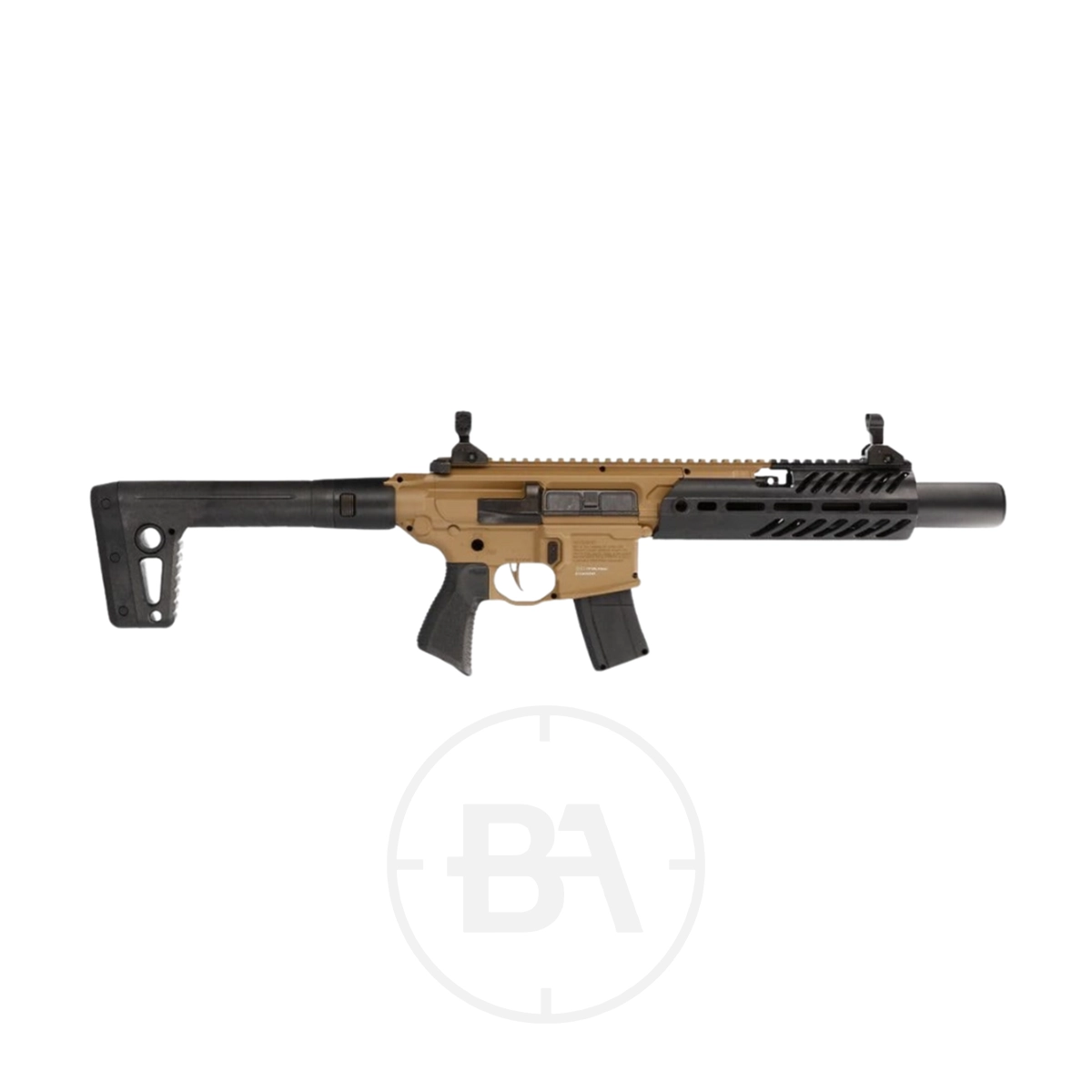 Sig Sauer MCX Rattler Canebrake CO2 Air Rifle 1 The Sig Sauer MCX Rattler Canebrake CO2 Air Rifle features a compact, tactical design with a brown body and black stock, short barrel, ideal for precision.
