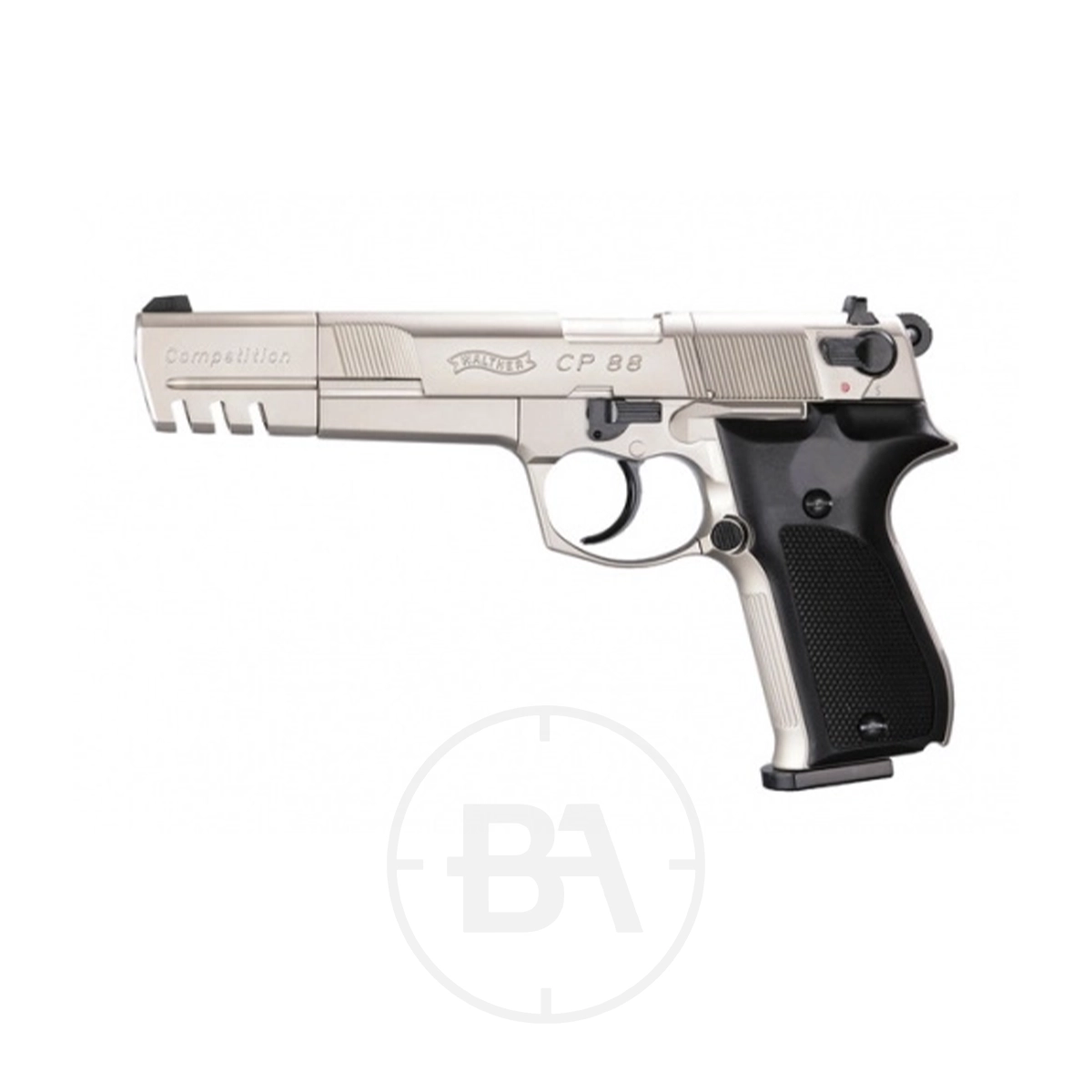 Walther CP88 Competition CO2 Pistol 9 The Walther CP88 Competition CO2 Pistol Black is shown from the side against a white background, featuring a black grip and sleek design.