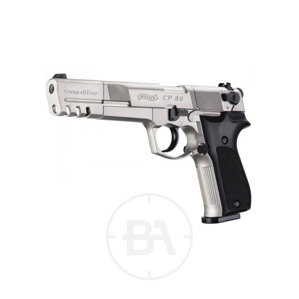 Walther CP88 Competition CO2 Pistol 11 The Walther CP88 Competition CO2 Pistol Black features a long barrel and vented slide, shown on a white background.
