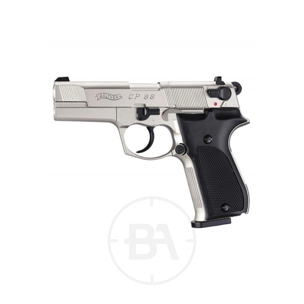 Walther CP88 3.5" CO2 Pistol 3 The Walther CP88 3.5" CO2 Pistol Black features a profile view showcasing its safety switch, trigger, and barrel against a white background.