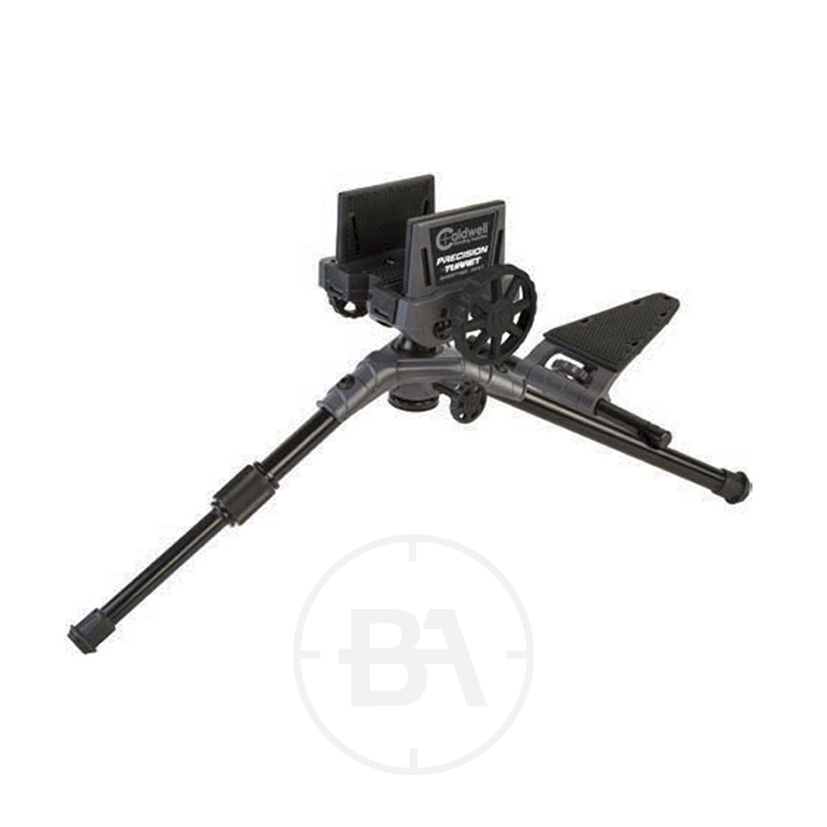 Caldwell Precision Turret Shooting Rest 1 A Caldwell Precision Turret Shooting Rest in black, featuring padded supports, extendable legs, and a circular adjustment wheel, designed to stabilise firearms during shooting.