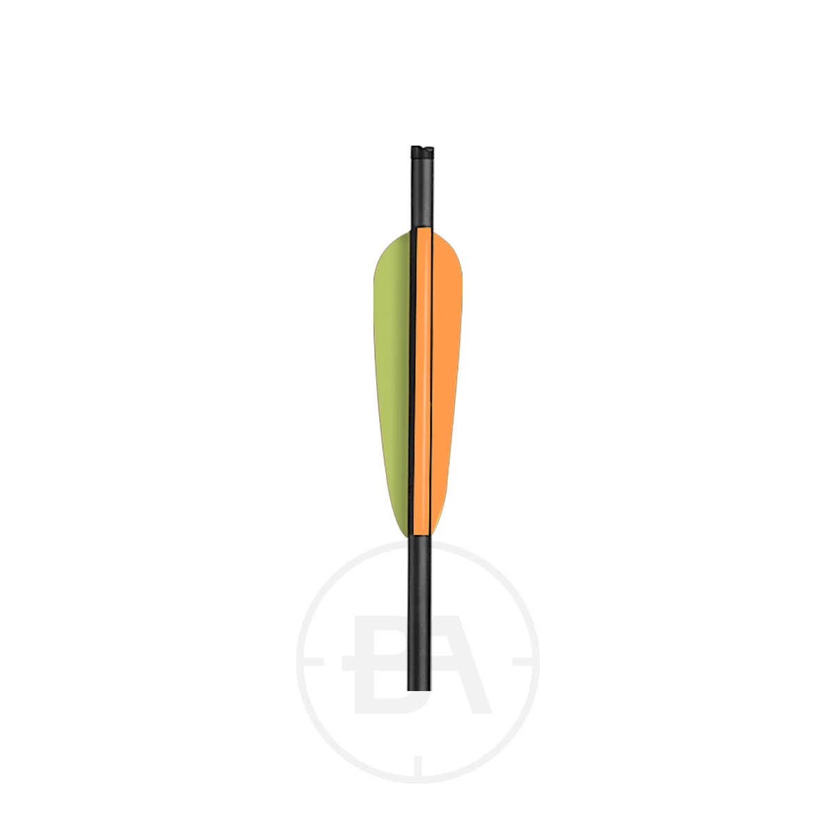 EK Archery Carbon Crossbow Bolts 20″ (x6) 3 An EK Archery Carbon Crossbow Bolt from the 20″ Pack of 6, featuring orange and green fletching, is displayed vertically against a white background.